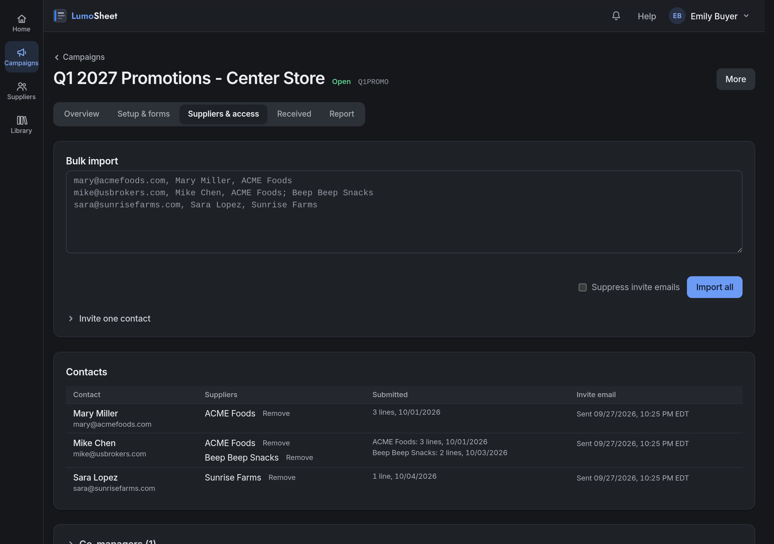 The Suppliers and access tab: a Bulk import box with Suppress invite emails and Import all, a collapsed Invite one contact section, and a Contacts table listing each contact, their suppliers with a Remove button, what each supplier has submitted, and the invite email state.