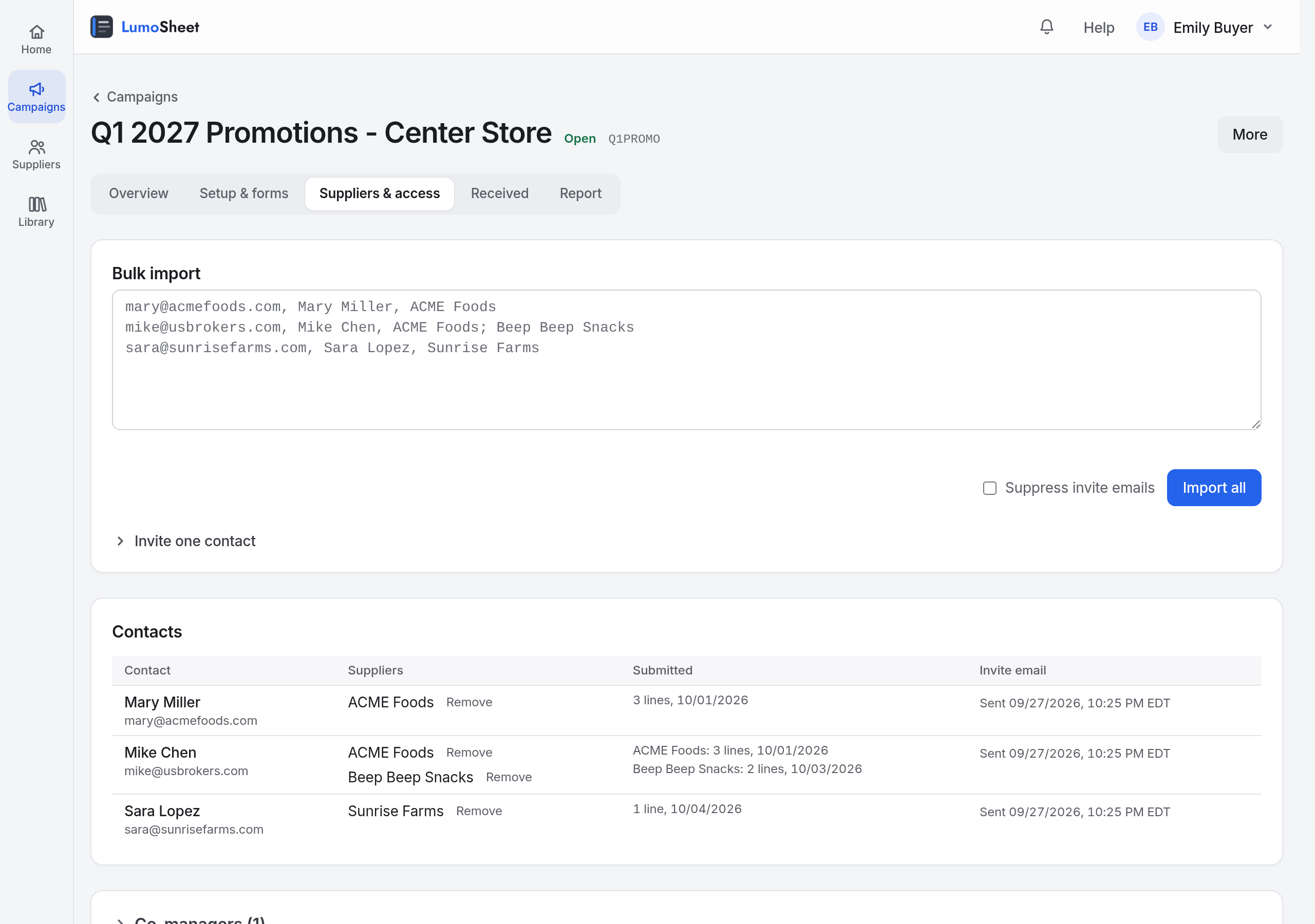 The Suppliers and access tab: a Bulk import box with Suppress invite emails and Import all, a collapsed Invite one contact section, and a Contacts table listing each contact, their suppliers with a Remove button, what each supplier has submitted, and the invite email state.