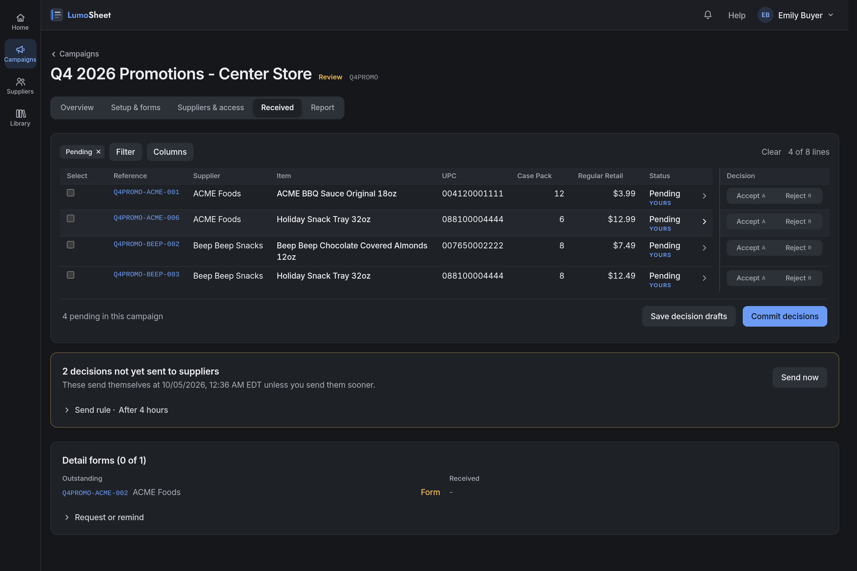 The Received table: a toolbar with saved views, filter chips, Filter, Columns, and a line count, then one row per line with reference ID, supplier, item, the next three form fields, status, and an Accept and Reject pair, and a bar beneath with Save decision drafts and Commit decisions.