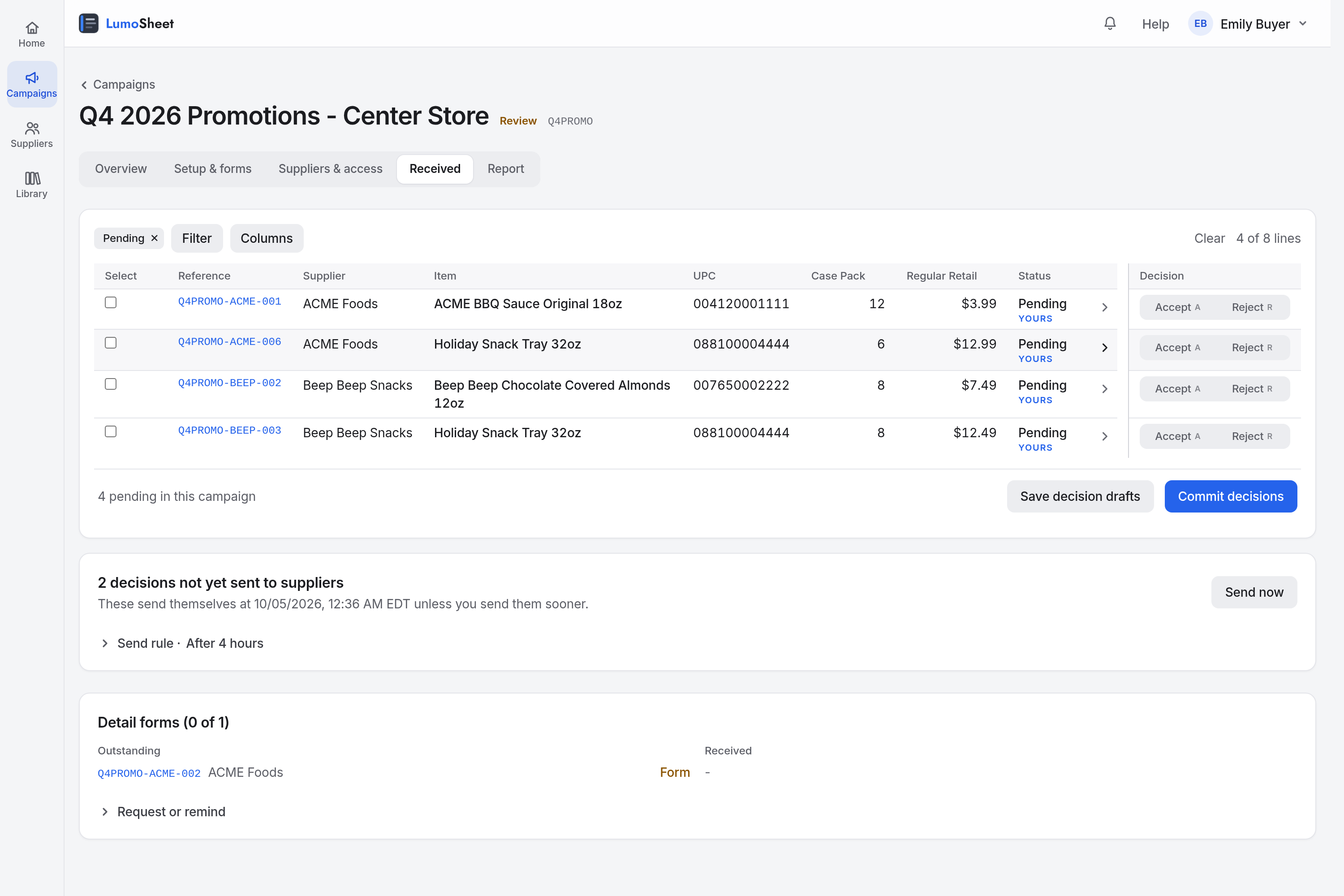 The Received table: a toolbar with saved views, filter chips, Filter, Columns, and a line count, then one row per line with reference ID, supplier, item, the next three form fields, status, and an Accept and Reject pair, and a bar beneath with Save decision drafts and Commit decisions.